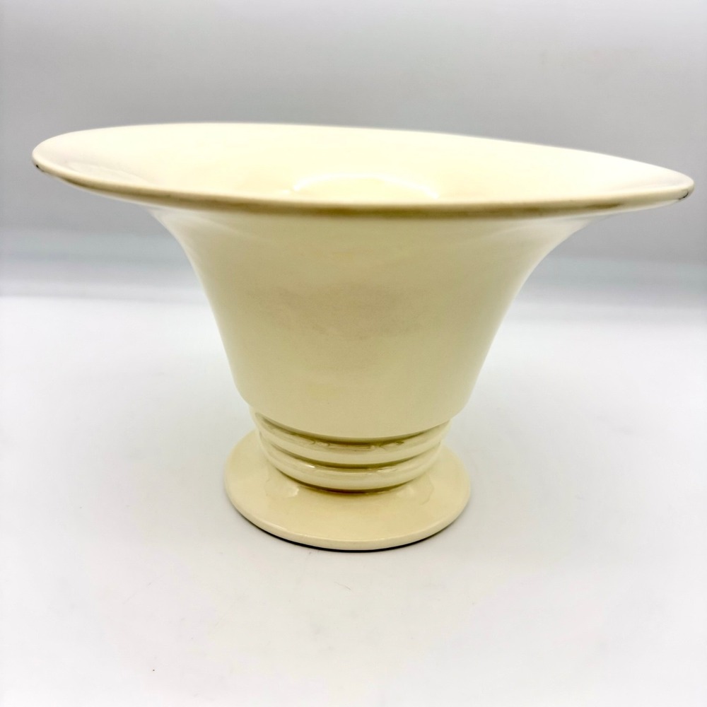 Haeger Home Pedestal Bowl 9in Ceramic Flared Compote Cream Ribbed 1998